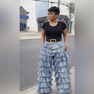 Layered Denim Ruffle Pants